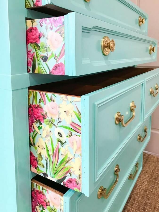 patchwork of floral fabrics for antique blue dresser