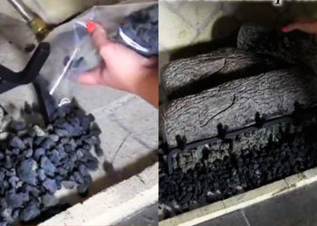 gas fireplace lava rock placement